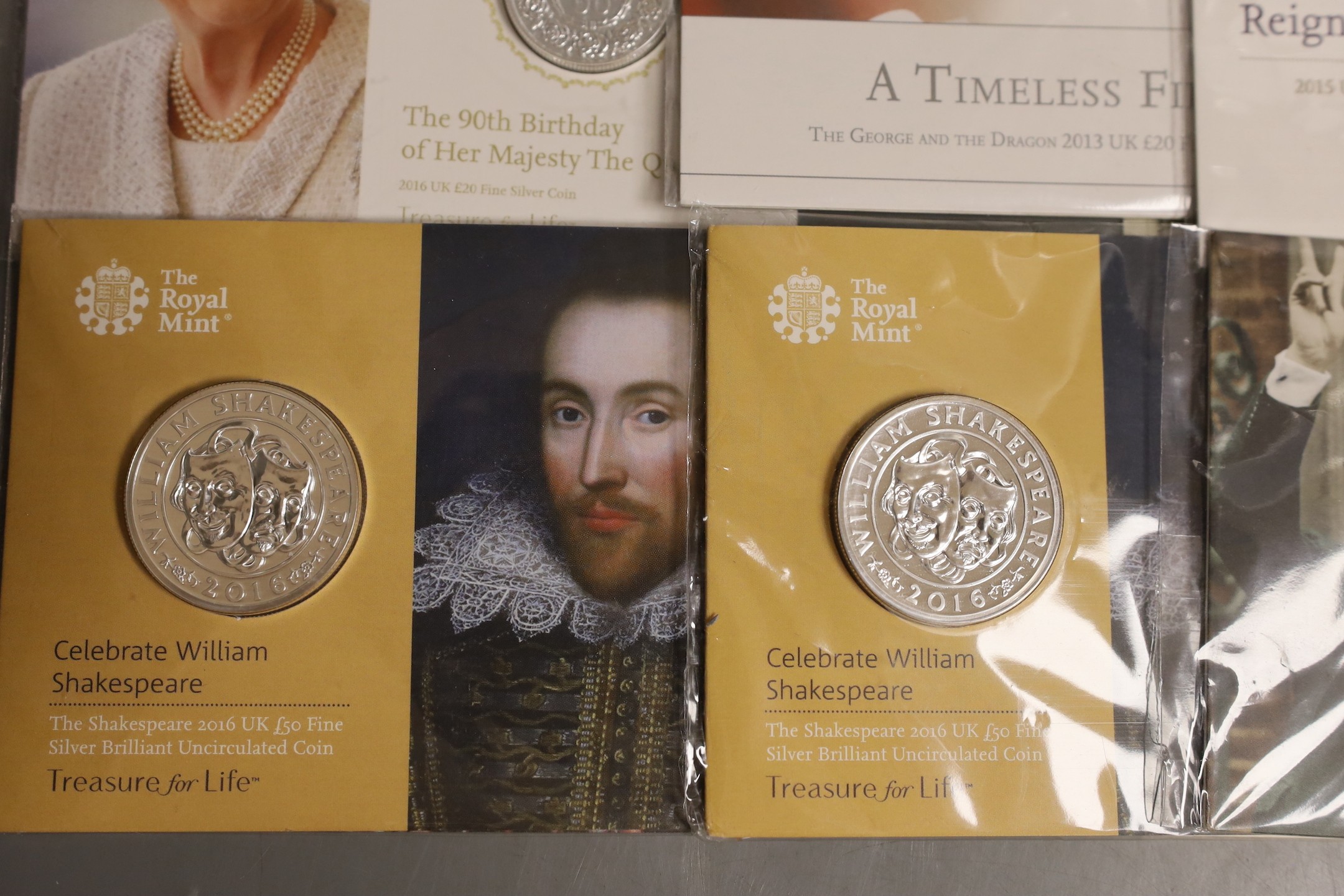 UK Royal Mint commemorative silver coins – two 2016 £50 coins and six £20 coins comprising 2013, 2014, 2 x 2015, 2 x 2016 (8)